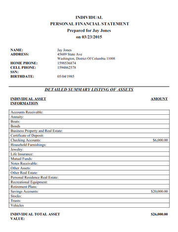 View Free Personal Financial Statement